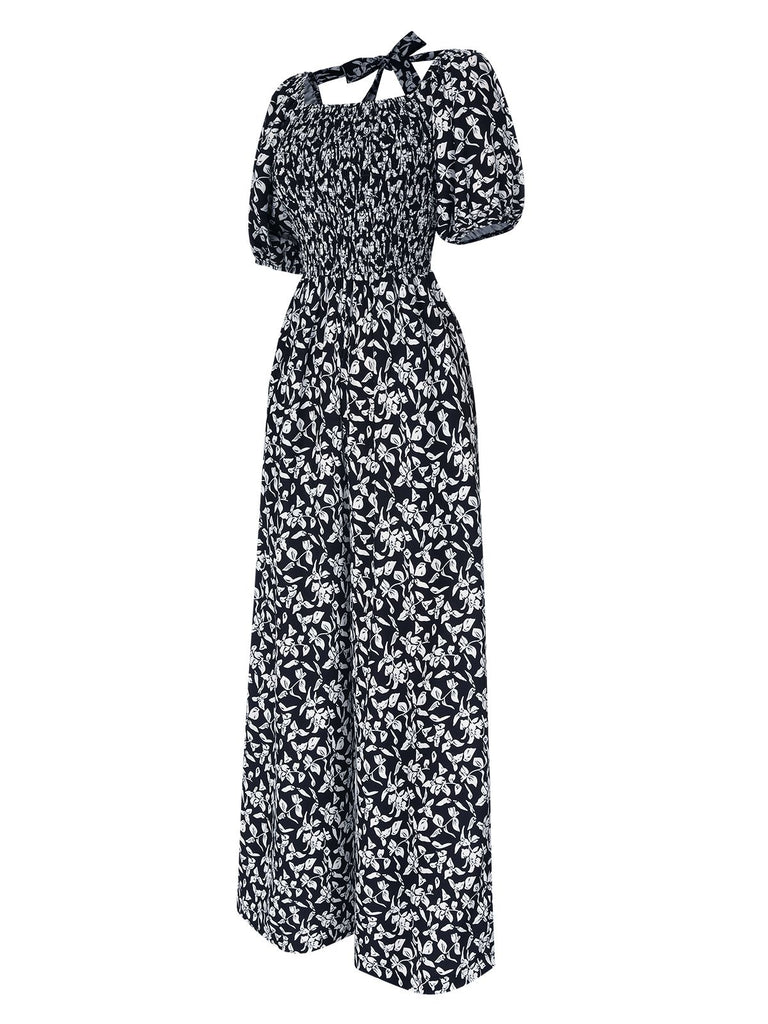 Black 1930s Square Neck Puff Floral Jumpsuit, vintage romper, retro jumpsuit - perfect for women who love vintage and retro fashion