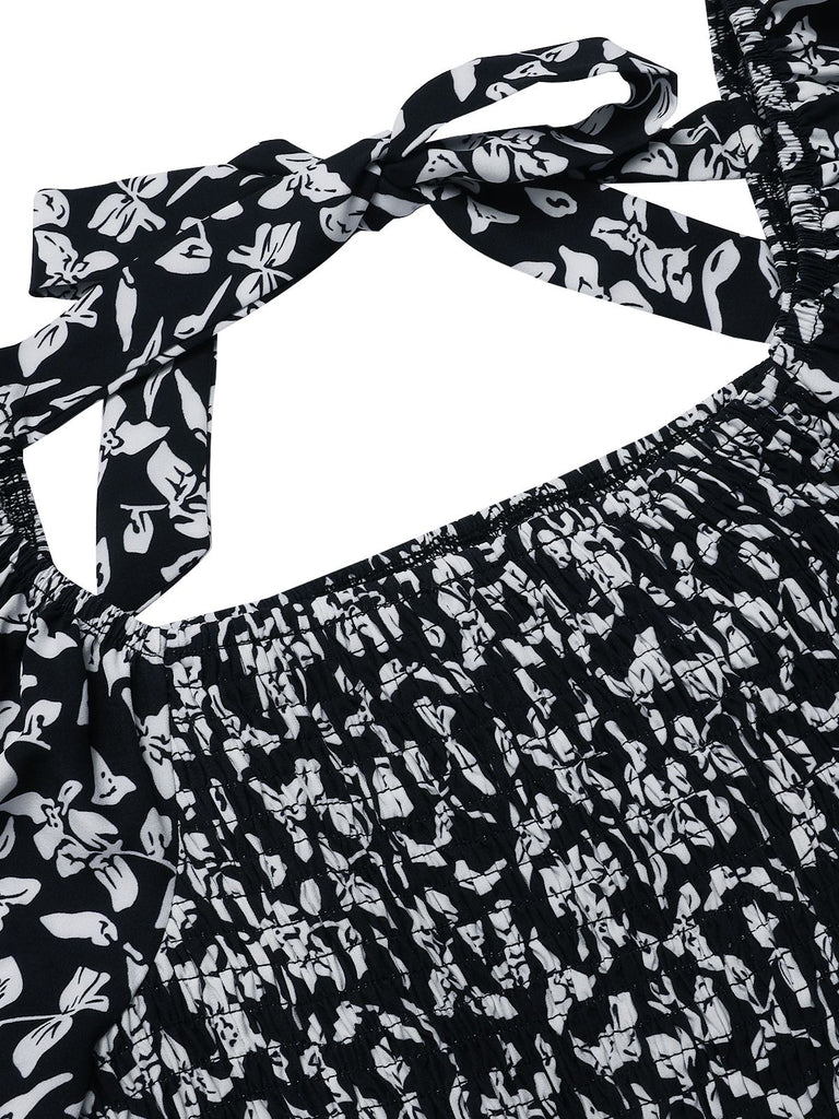 Black 1930s Square Neck Puff Floral Jumpsuit, vintage romper, retro jumpsuit - perfect for women who love vintage and retro fashion