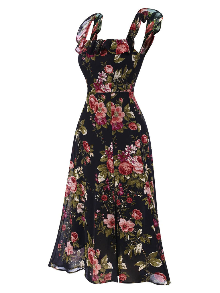 Black 1930s Square Neck Ruffled Floral Dress, vintage dress, retro fashion, floral print - perfect for women who love vintage and retro fashion