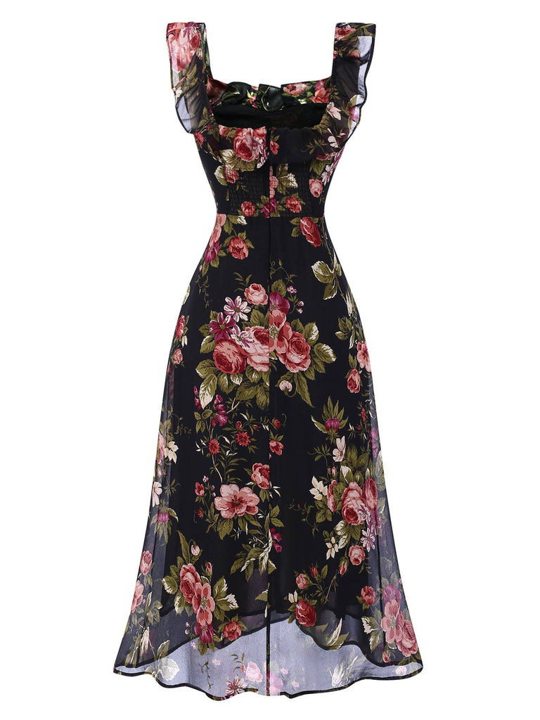 Black 1930s Square Neck Ruffled Floral Dress, vintage dress, retro fashion, floral print - perfect for women who love vintage and retro fashion