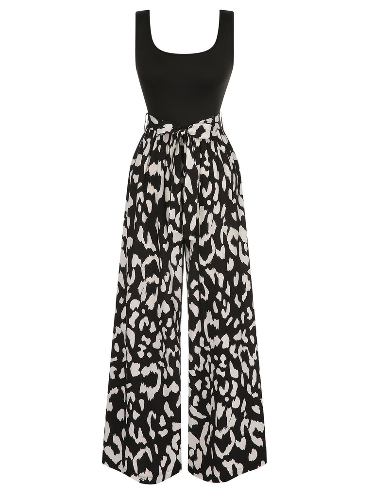 Black 1930s U-Neck Graphic Print Belted Jumpsuit, vintage romper, retro jumpsuit - perfect for women who love vintage and retro fashion