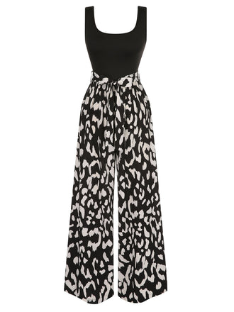 Black 1930s U-Neck Graphic Print Belted Jumpsuit, vintage romper, retro jumpsuit - perfect for women who love vintage and retro fashion