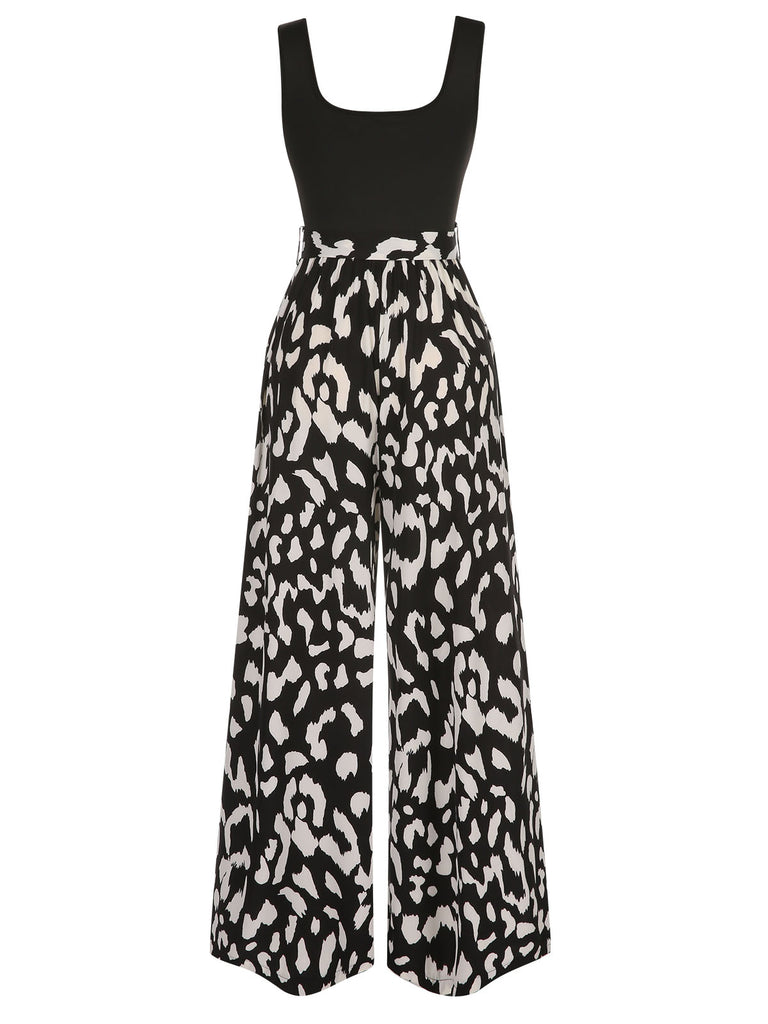Black 1930s U-Neck Graphic Print Belted Jumpsuit, vintage romper, retro jumpsuit - perfect for women who love vintage and retro fashion