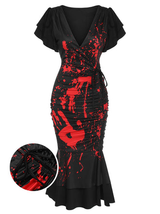 Black 1930s V-Neck Blood Handprint Fishtail Dress, vintage dress, retro fashion - perfect for women who love vintage and retro fashion