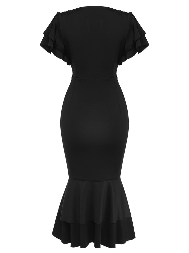 Black 1930s V-Neck Blood Handprint Fishtail Dress, vintage dress, retro fashion - perfect for women who love vintage and retro fashion
