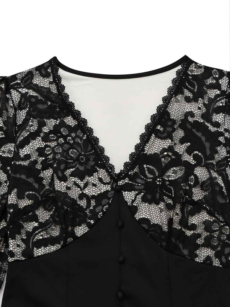 Black 1930s V-Neck Floral Lace Fishtail Dress - vintage dress, retro fashion, classic black