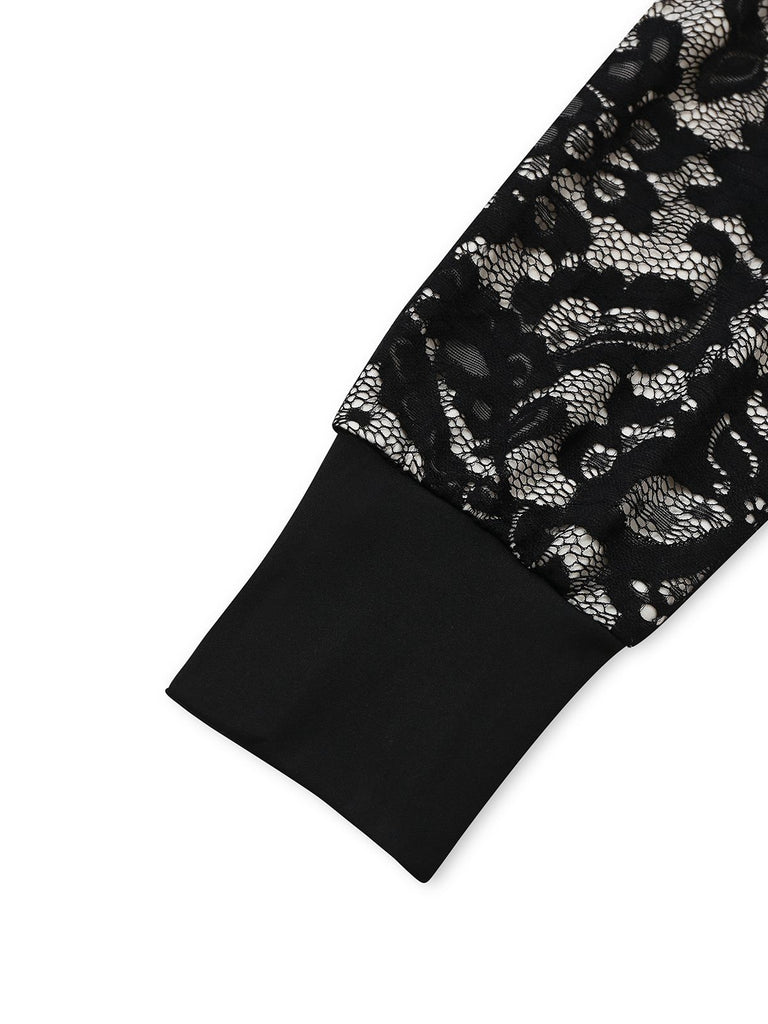 Black 1930s V-Neck Floral Lace Fishtail Dress - vintage dress, retro fashion, classic black