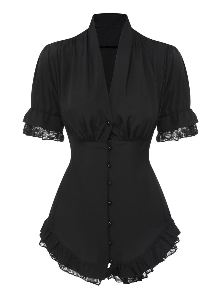 Black 1930s V-Neck Lace Victorian Blouse, vintage top, retro blouse - perfect for women who love vintage and retro fashion