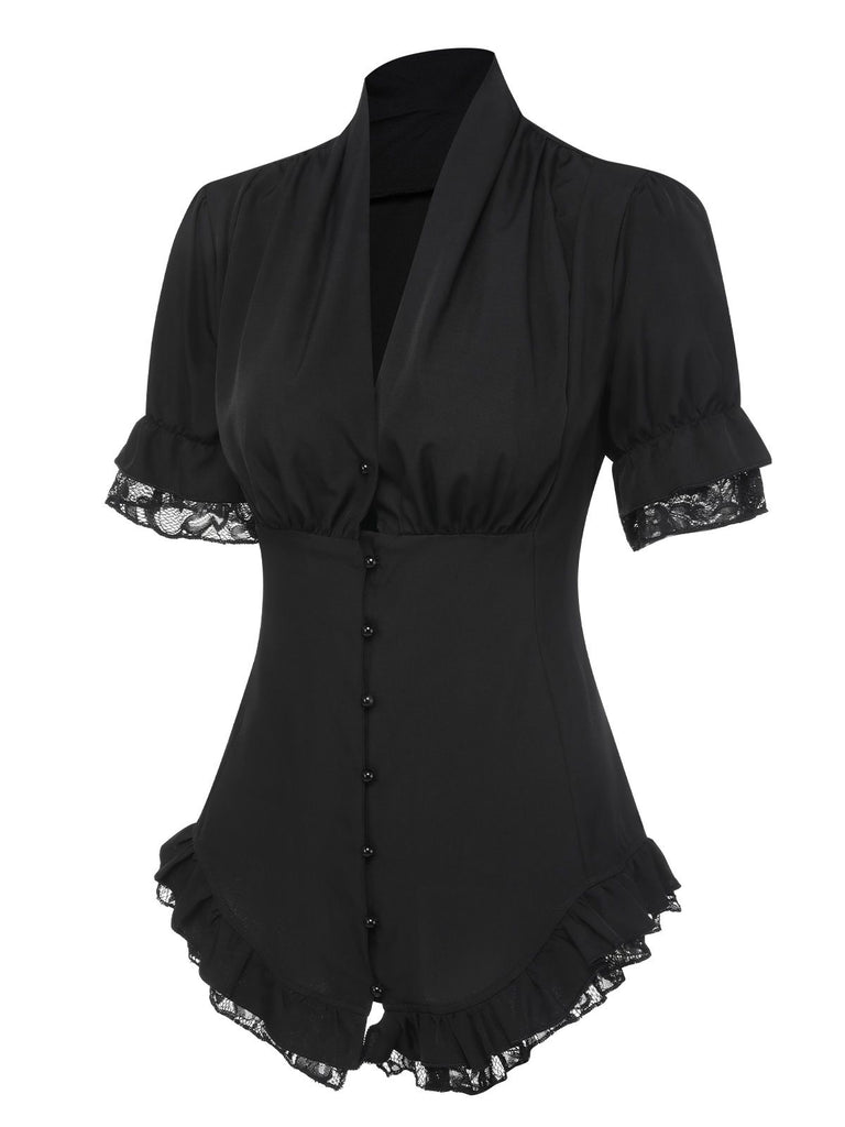 Black 1930s V-Neck Lace Victorian Blouse, vintage top, retro blouse - perfect for women who love vintage and retro fashion