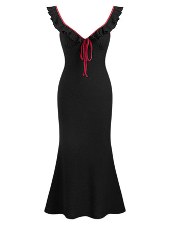 Black 1930s V-Neck Ruffled Knitted Mermaid Dress - vintage dress, retro fashion, classic black