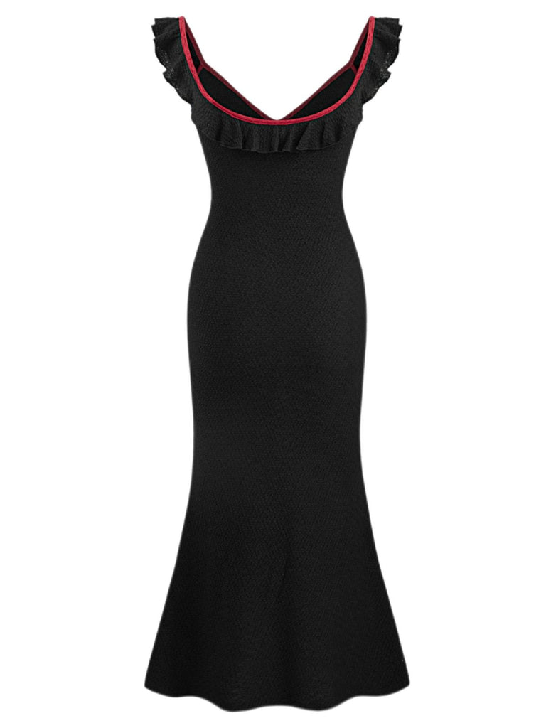 Black 1930s V-Neck Ruffled Knitted Mermaid Dress - vintage dress, retro fashion, classic black