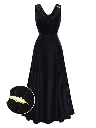 Black 1930s Velvet Cowl Neck Feather Brooch Dress - vintage dress, retro fashion, classic black