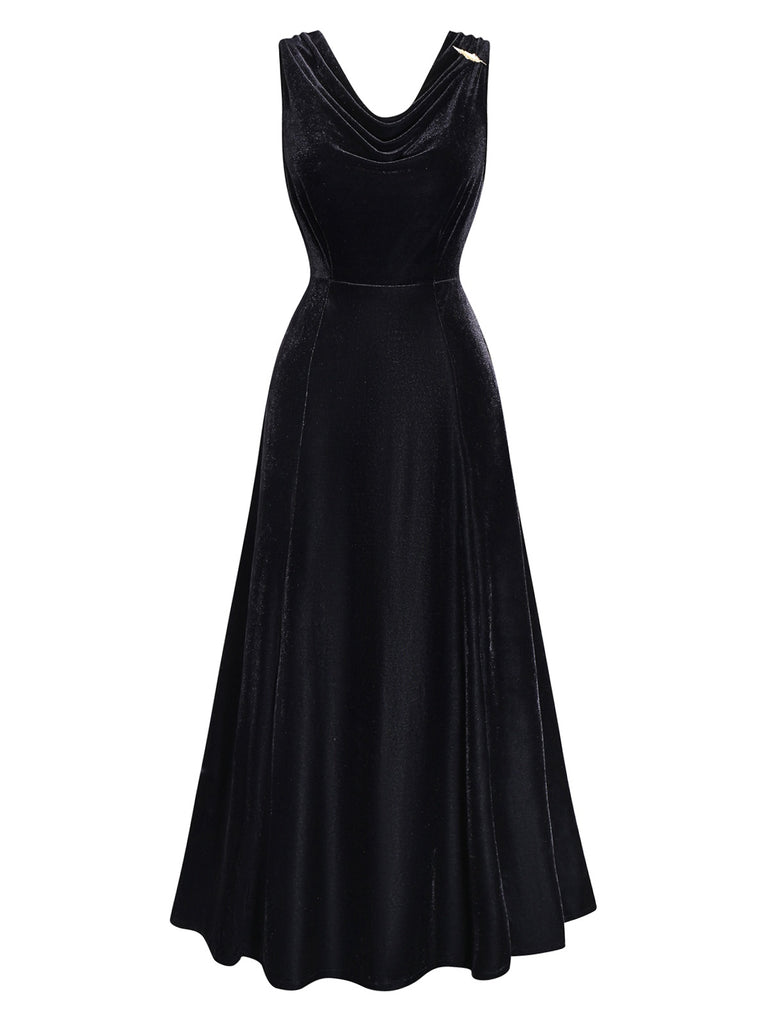 Black 1930s Velvet Cowl Neck Feather Brooch Dress - vintage dress, retro fashion, classic black