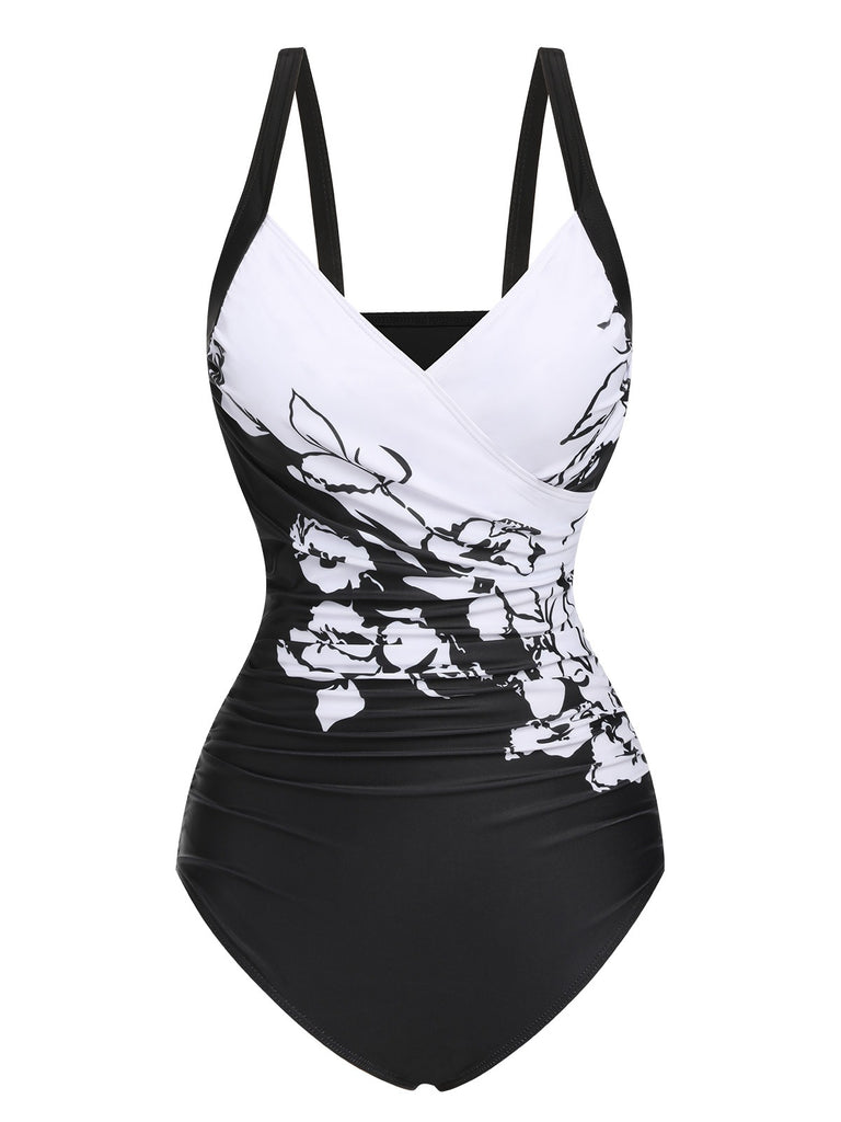 Black 1930s Wide-Straps Flowers Swimsuit, vintage swimsuit, pin-up swimwear - perfect for women who love vintage and retro fashion