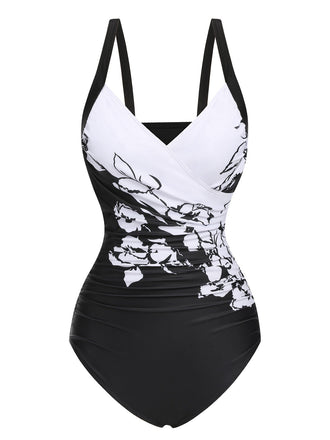 Black 1930s Wide-Straps Flowers Swimsuit, vintage swimsuit, pin-up swimwear - perfect for women who love vintage and retro fashion