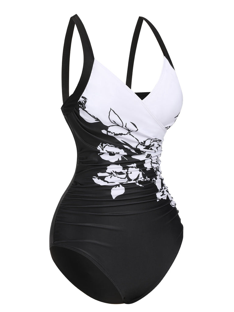 Black 1930s Wide-Straps Flowers Swimsuit, vintage swimsuit, pin-up swimwear - perfect for women who love vintage and retro fashion