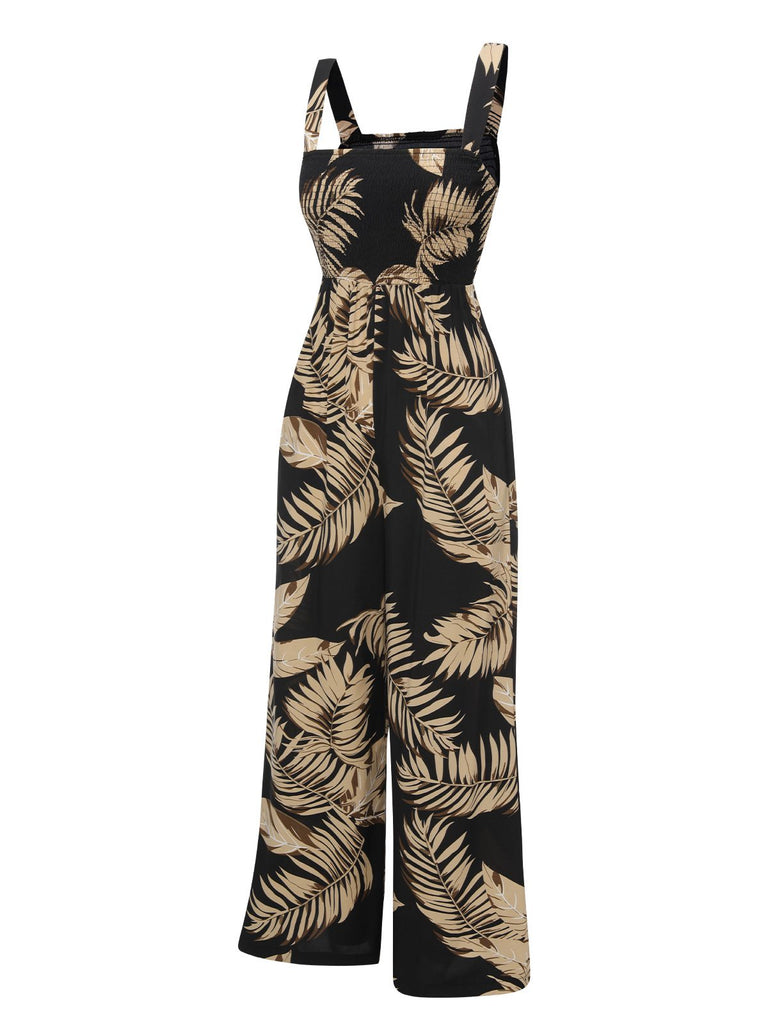 Black 1930s Wide-Straps Plants Jumpsuit, vintage romper, retro jumpsuit - perfect for women who love vintage and retro fashion