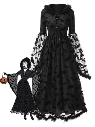 Black 1940s Bat Mesh Raw Hem Witch Cape Dress - vintage dress, retro fashion, classic black