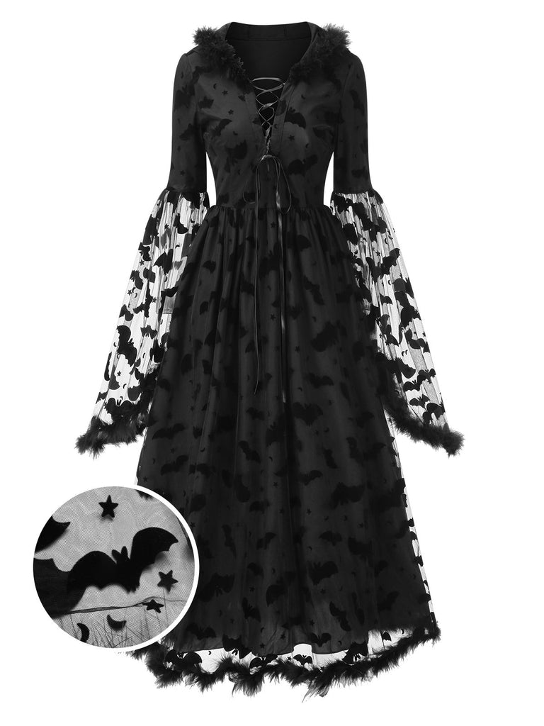 Black 1940s Bat Mesh Raw Hem Witch Cape Dress, vintage dress, retro fashion - perfect for women who love vintage and retro fashion