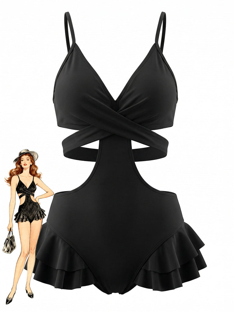 Black 1940s Criss-Cross Cutout Ruffle One-Piece Swimsuit - vintage swimsuit, pin-up swimwear for vintage lovers