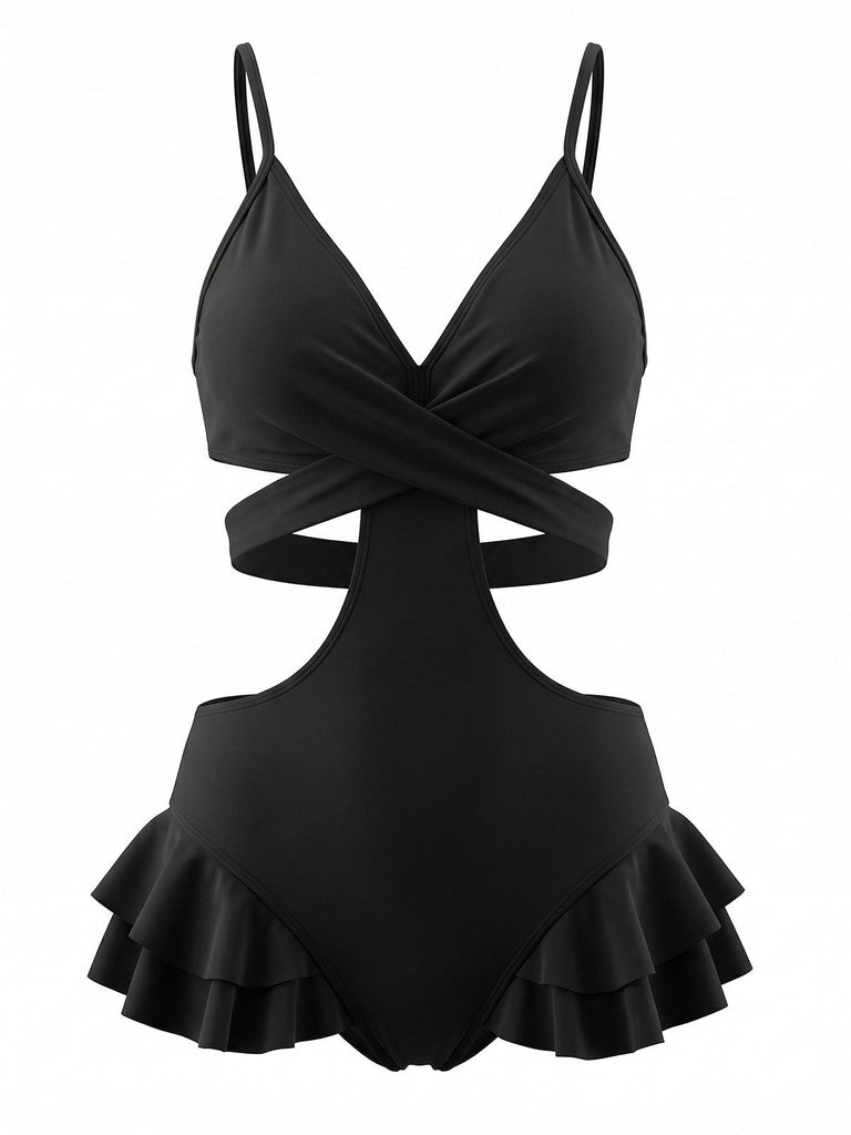 Black 1940s Criss-Cross Cutout Ruffle One-Piece Swimsuit - vintage swimsuit, pin-up swimwear for vintage lovers