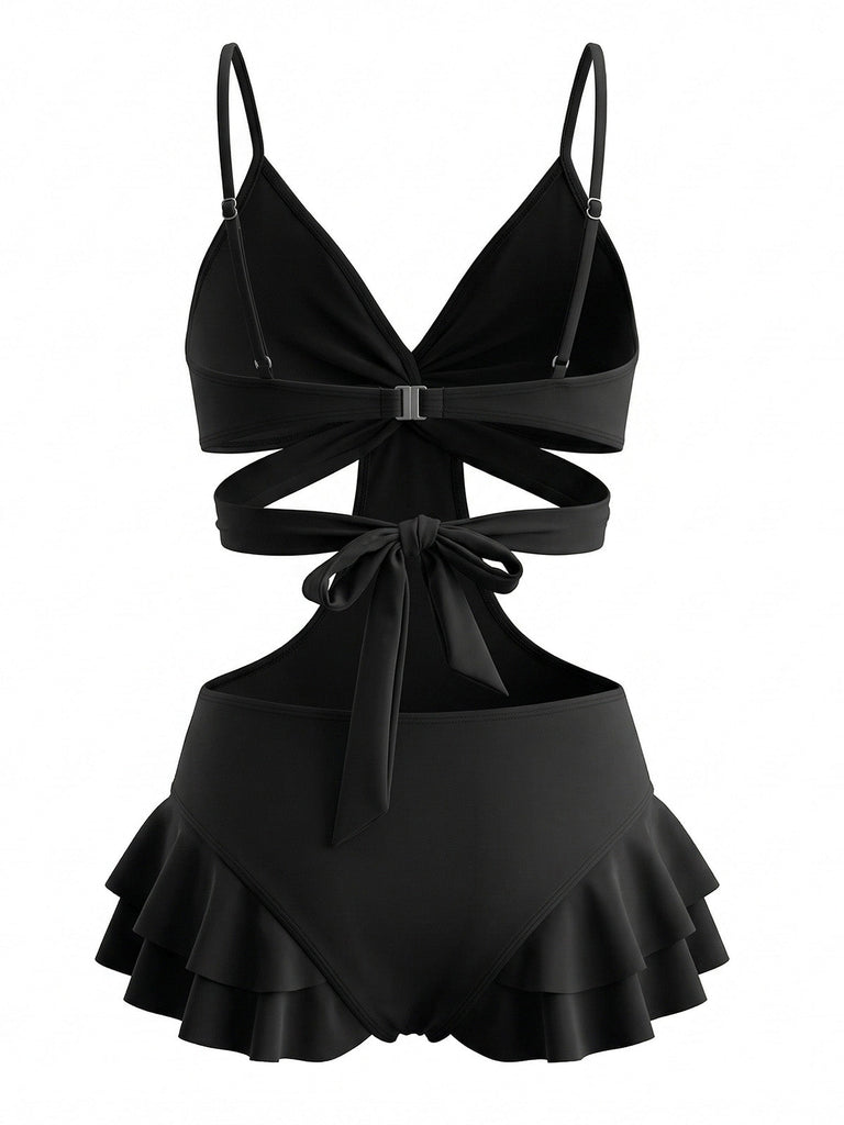 Black 1940s Criss-Cross Cutout Ruffle One-Piece Swimsuit - vintage swimsuit, pin-up swimwear for vintage lovers