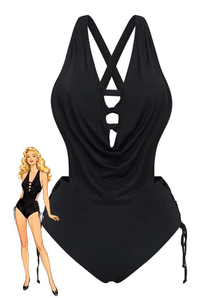 Black 1940s Crisscross Cutout Lace-Up Tankini Set - vintage fashion, retro style, classic elegance for vintage lovers