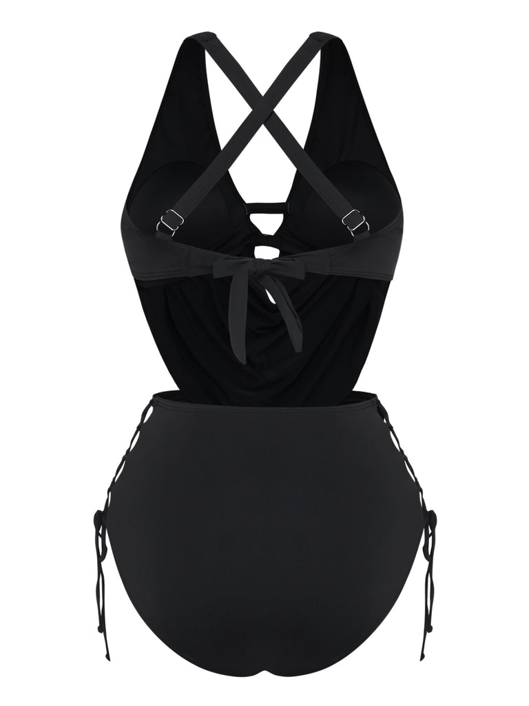 Black 1940s Crisscross Cutout Lace-Up Tankini Set | vintage fashion, retro style, classic elegance - perfect for retro fashion enthusiasts