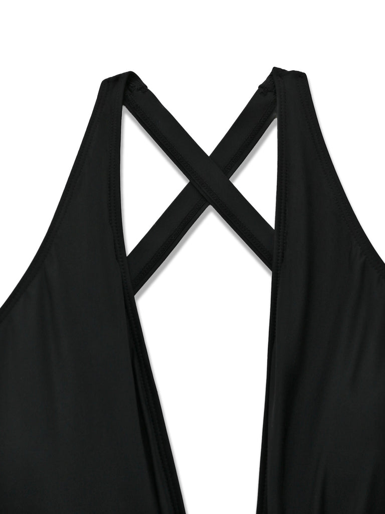 Black 1940s Crisscross Cutout Lace-Up Tankini Set - vintage fashion, retro style, classic elegance for vintage lovers