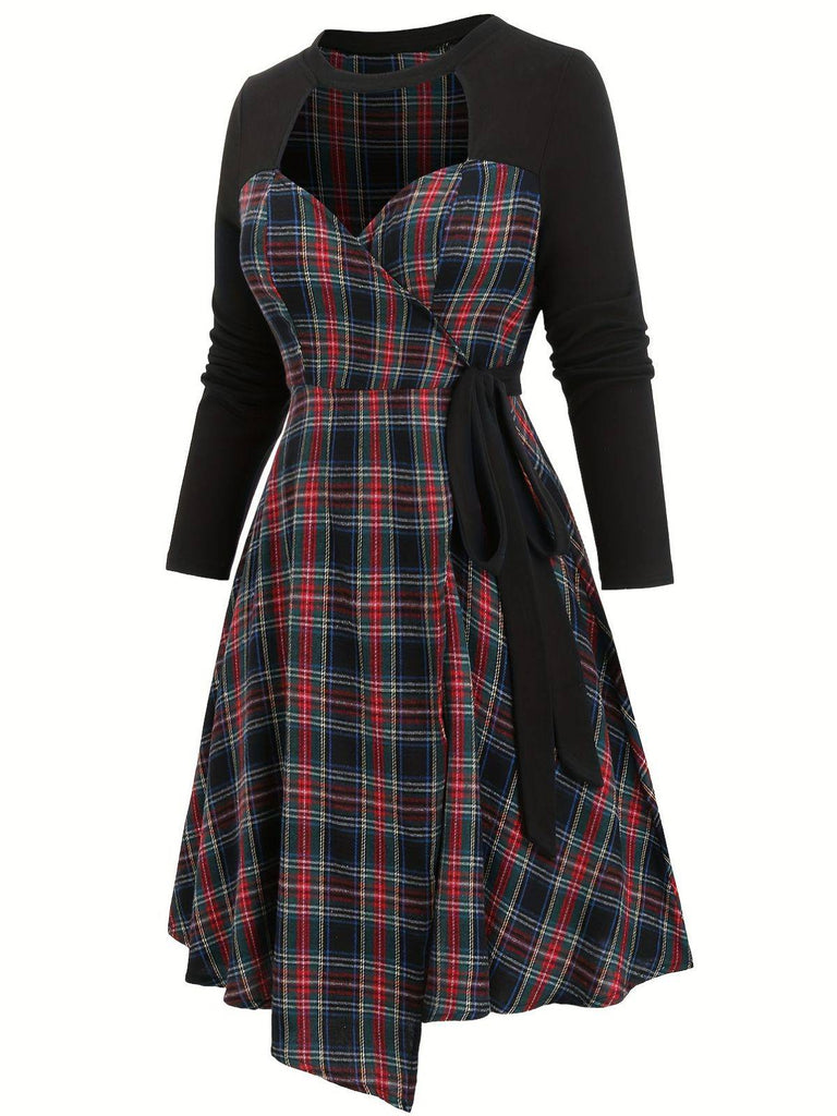 Black 1940s Cutout Plaid Patchwork Dress - vintage dress, retro fashion, classic black