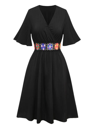 Black 1940s Embroidery Boho V-Neck Dress - vintage dress, retro fashion, classic black