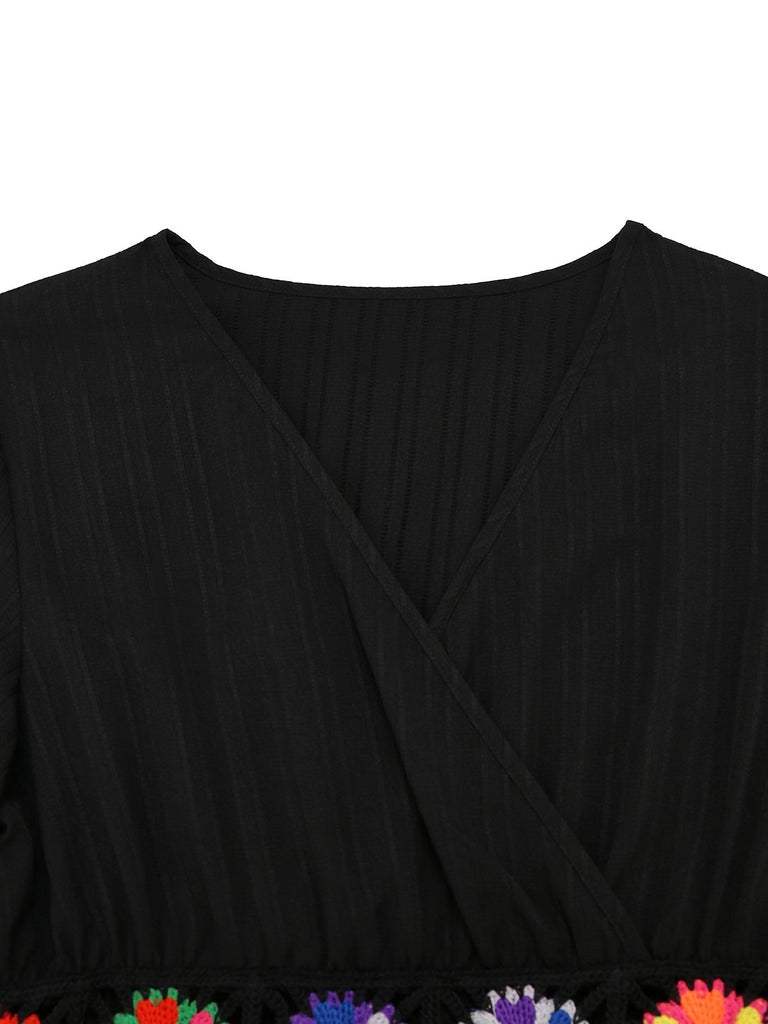 Black 1940s Embroidery Boho V-Neck Dress - vintage dress, retro fashion, classic black
