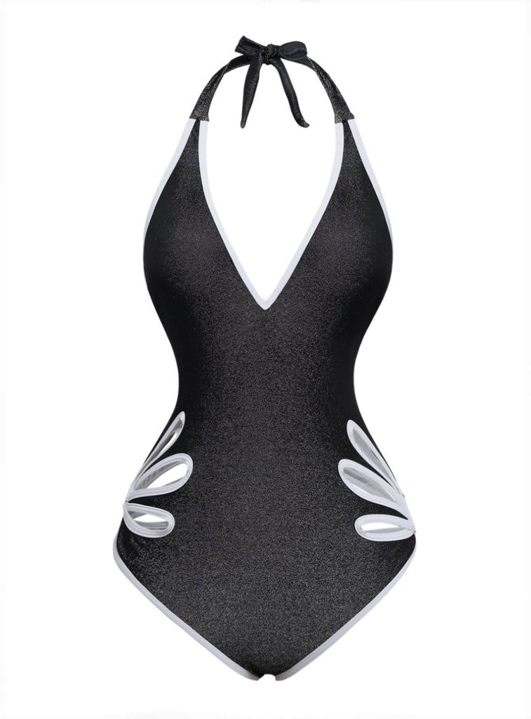 Black 1940s Floral Cut-Out Halter One-Piece Swimsuit - vintage swimsuit, pin-up style, classic black