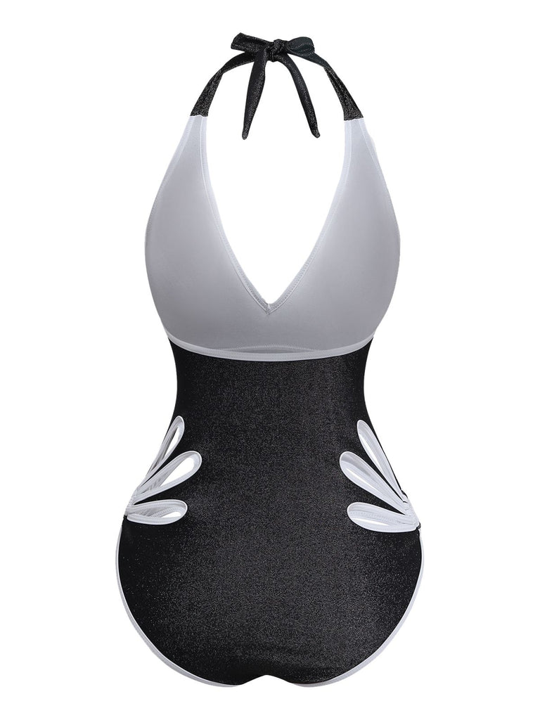 Black 1940s Floral Cut-Out Halter One-Piece Swimsuit - vintage swimsuit, pin-up style, classic black