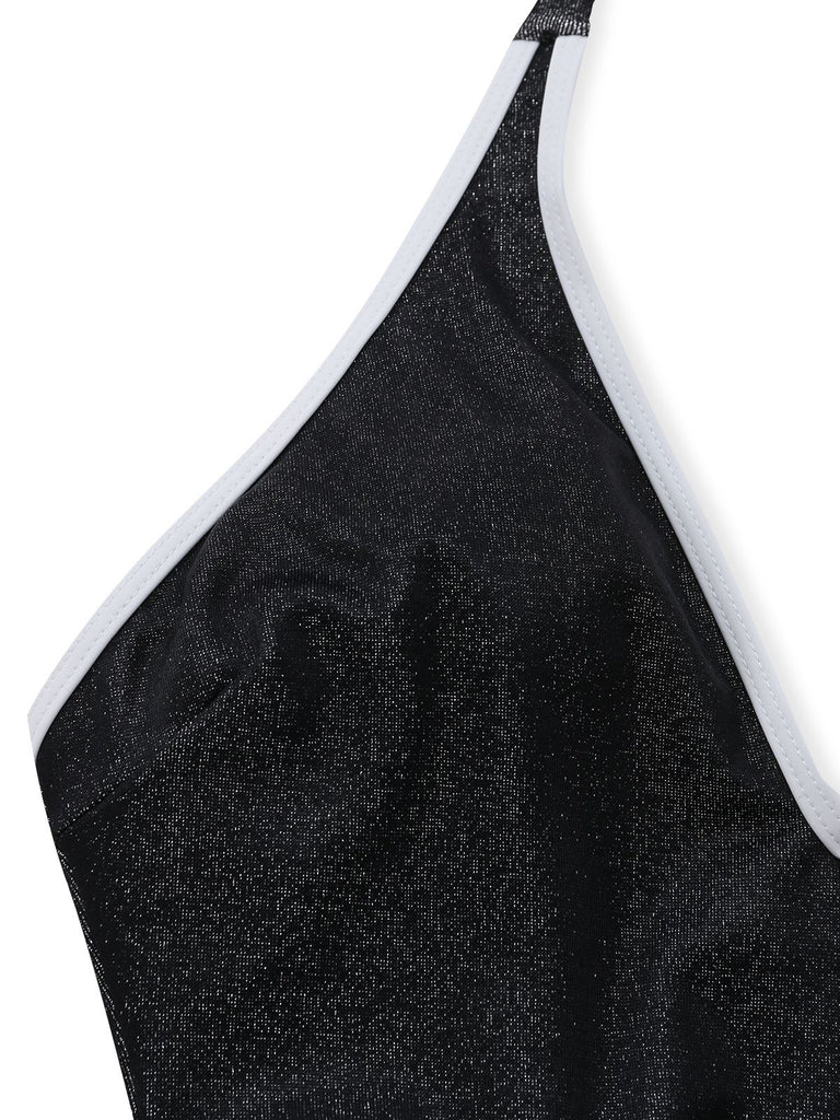 Black 1940s Floral Cut-Out Halter One-Piece Swimsuit - vintage swimsuit, pin-up style, classic black