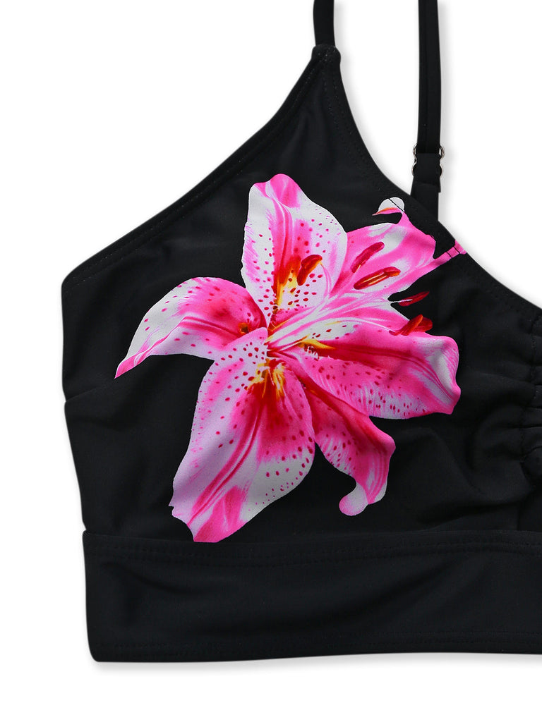 Black 1940s Floral Metal Buckle Tankini Set - vintage fashion, retro style, classic black