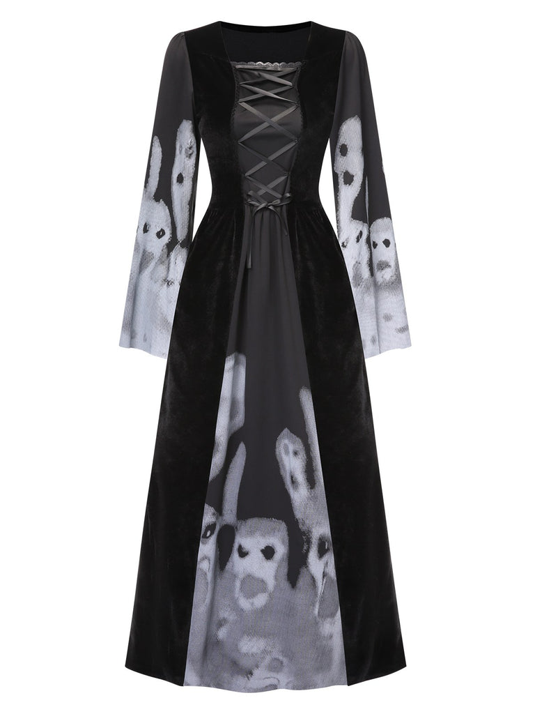 Black 1940s Halloween Ghost Lace-Up Dress with Shawl, vintage dress, retro fashion, lace detail - perfect for women who love vintage and retro fashion