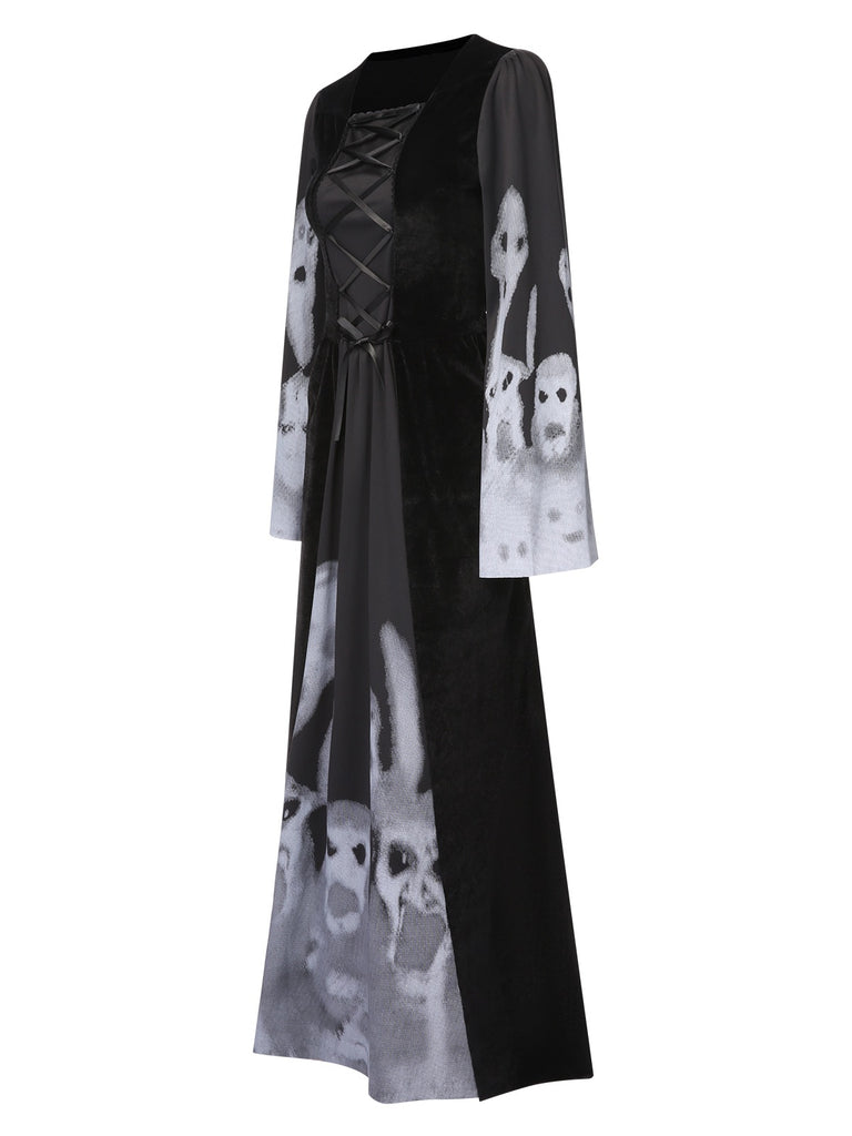 Black 1940s Halloween Ghost Lace-Up Dress with Shawl, vintage dress, retro fashion, lace detail - perfect for women who love vintage and retro fashion