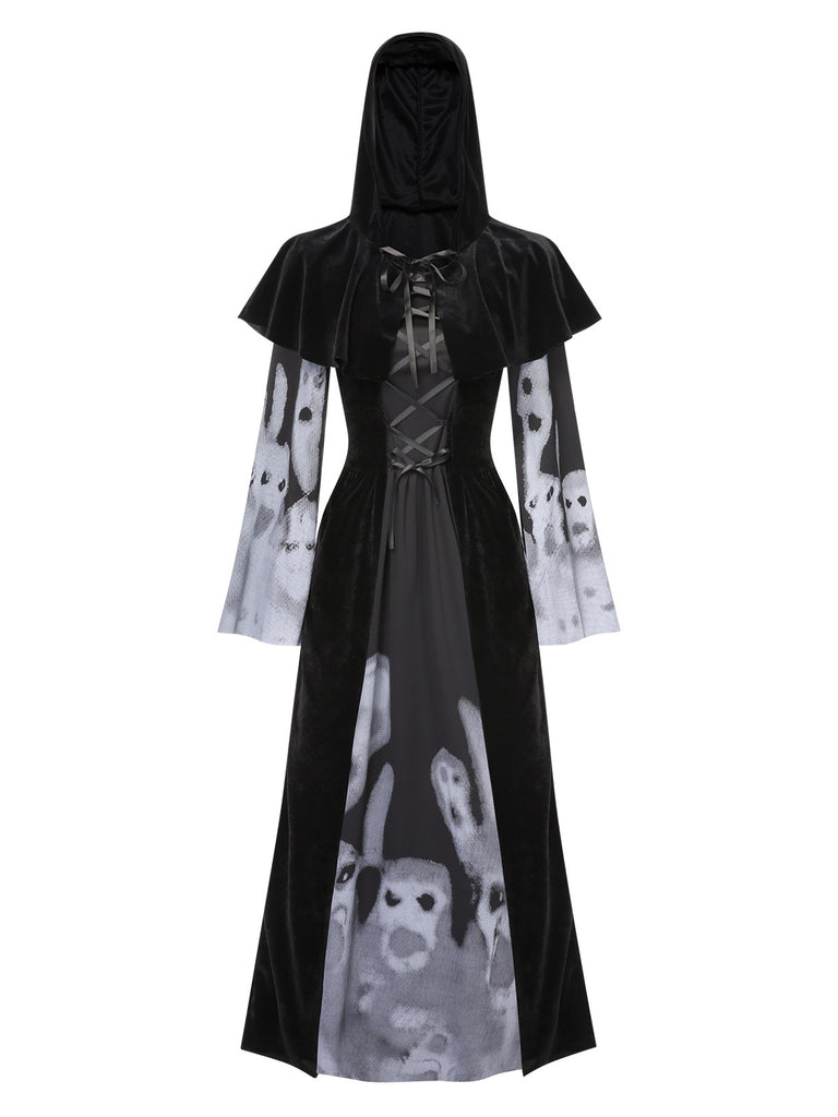Black 1940s Halloween Ghost Lace-Up Dress with Shawl, vintage dress, retro fashion, lace detail - perfect for women who love vintage and retro fashion