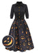 Black 1940s Halloween Lapel Pumpkin Belted Dress: timeless style reimagined