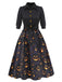 Black 1940s Halloween Lapel Pumpkin Belted Dress — vintage elegance for the modern woman