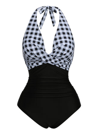 Black 1940s Halter Backless Plaids One-Piece Swimsuit, vintage swimsuit, pin-up swimwear - perfect for women who love vintage and retro fashion