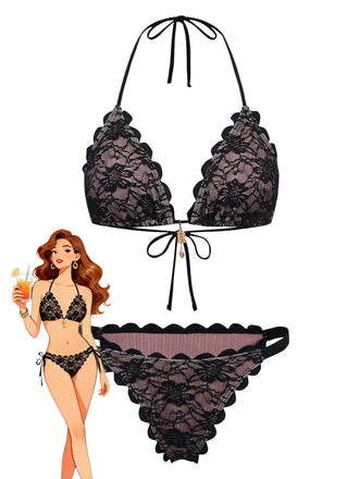Black 1940s Lace Halter Backless Bikini Set, vintage swimsuit, pin-up swimwear - perfect for women who love vintage and retro fashion