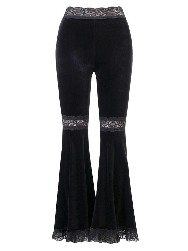 She walks in these Black 1940s Lace Pathwork Velvet Bootcut Pants and the world follows