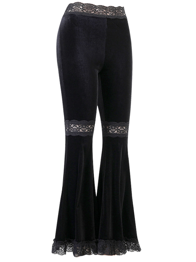 Black 1940s Lace Pathwork Velvet Bootcut Pants: 1940s power dressing, reimagined