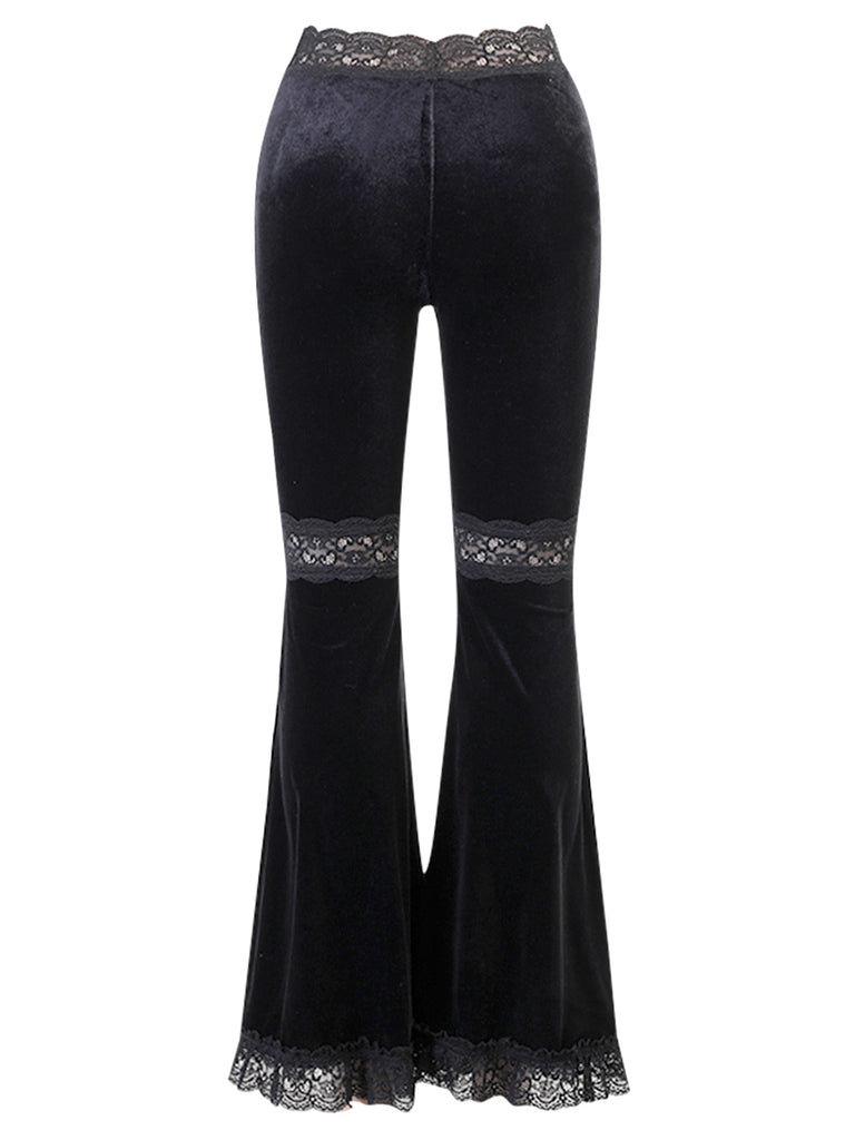 These Black 1940s Lace Pathwork Velvet Bootcut Pants carry 1940s ambition in every seam