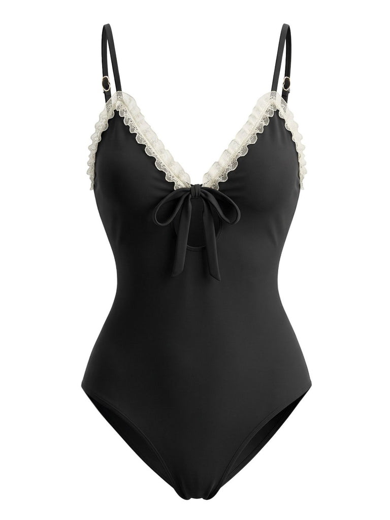 Black 1940s Lace Trim Tie Front One-Piece Swimsuit, vintage swimsuit, pin-up swimwear - perfect for women who love vintage and retro fashion