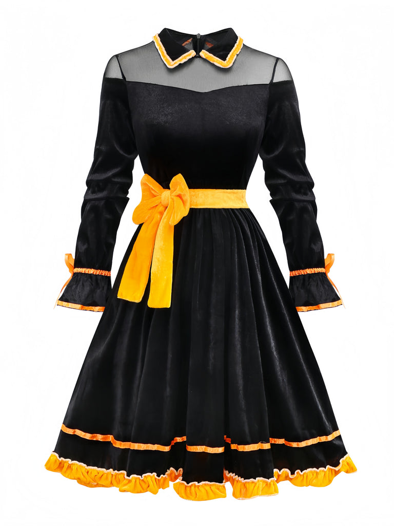 Black 1940s Lapel Bow Patchwork Dress - vintage dress, retro fashion, classic black