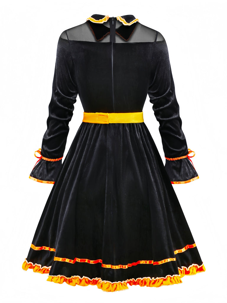 Black 1940s Lapel Bow Patchwork Dress - vintage dress, retro fashion, classic black