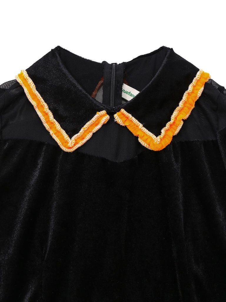 Black 1940s Lapel Bow Patchwork Dress - vintage dress, retro fashion, classic black